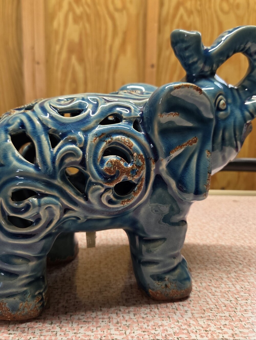 Vintage Teal Ceramic Elephant Trunk Up Open Fretwork